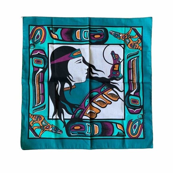 Vintage Aztec Southwestern Cotton Poly Turquoise Handkerchief Bandana USA 21” - Picture 1 of 8
